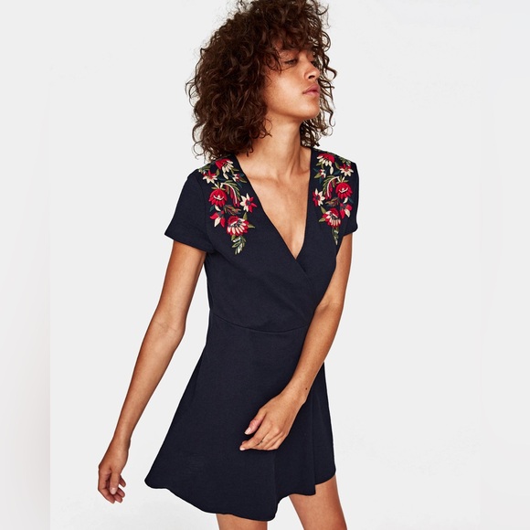 Zara Dresses & Skirts - ZARA Navy Floral-Embroidered V-Neck Fit & Flare Dress